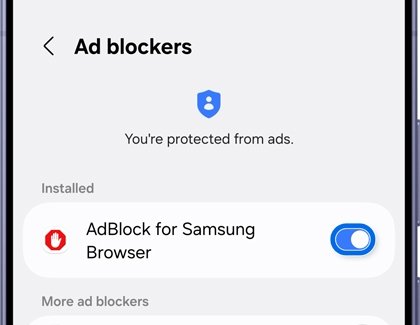 Samsung Internet Ad blockers screen with AdBlock for Samsung Browser toggled on