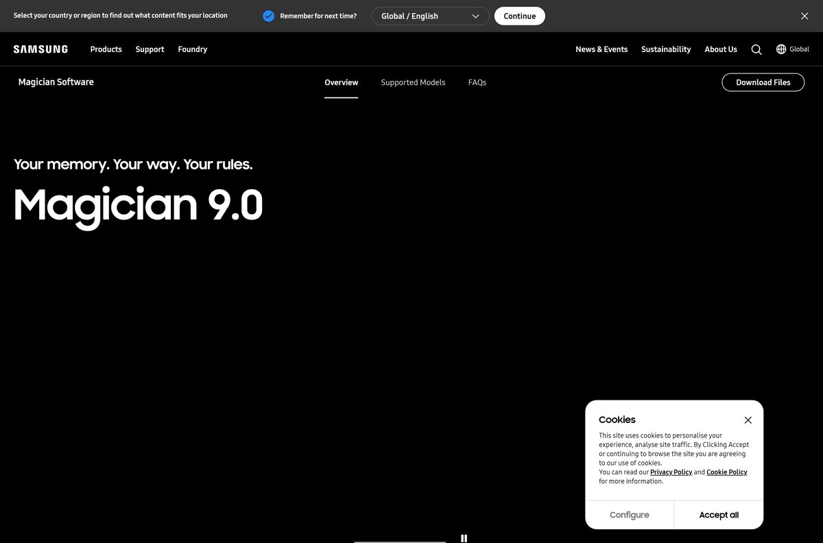 Samsung Magician product page with supported drives and operating systems