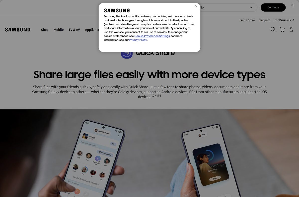 Samsung page for its own Quick Share app on Galaxy Book PCs