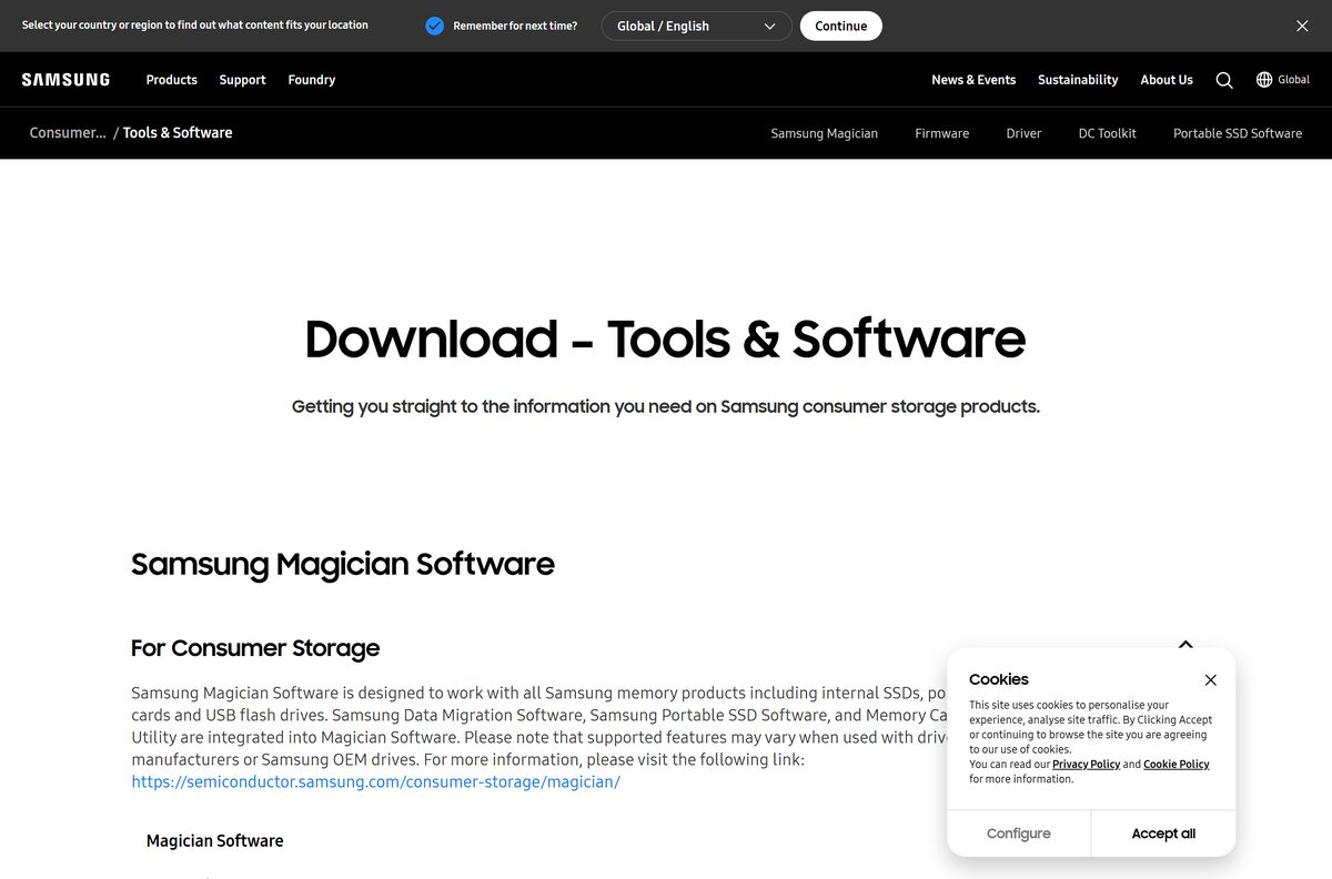 Samsung Tools page listing Magician installers for Windows, macOS and Android