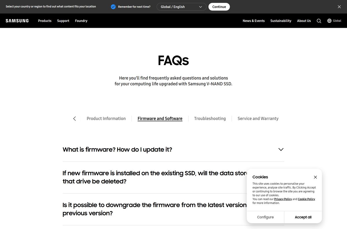 Samsung internal SSD FAQ covering firmware updates and Magician versions
