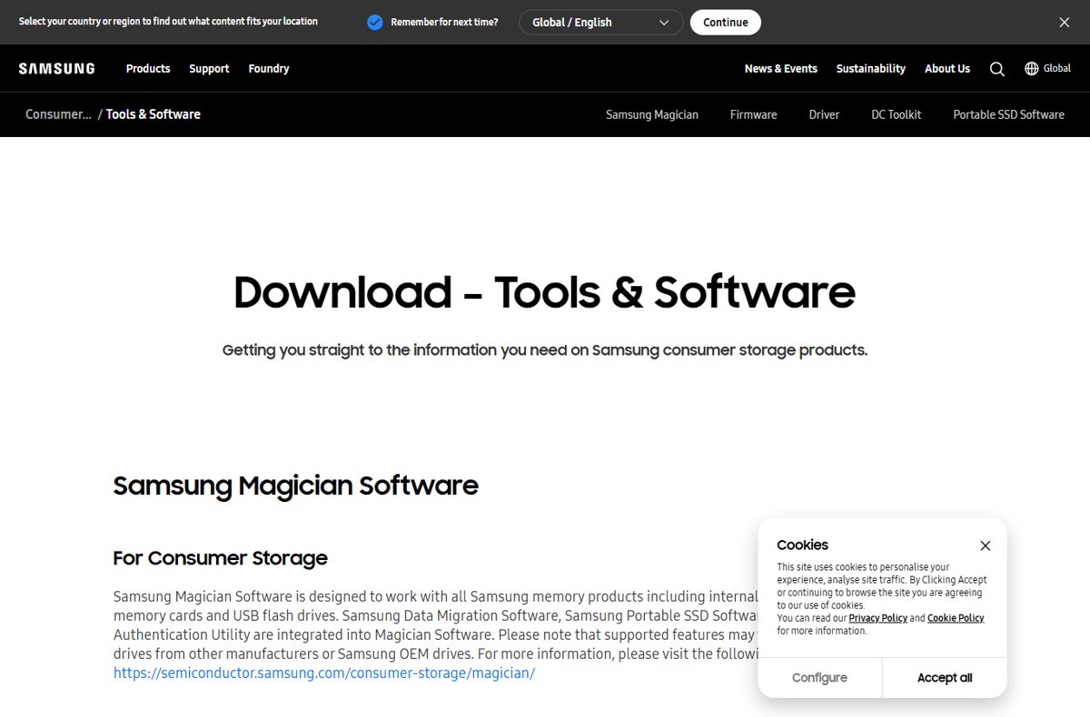 Samsung's Tools and Software page describing Magician Software integration