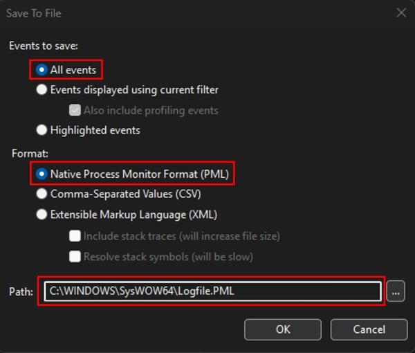 Save To File dialog with All events and PML format selected