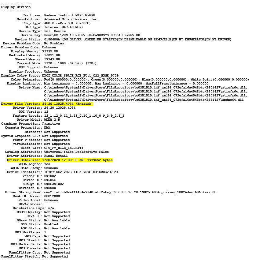 Saved dxdiag text report listing display driver version and date