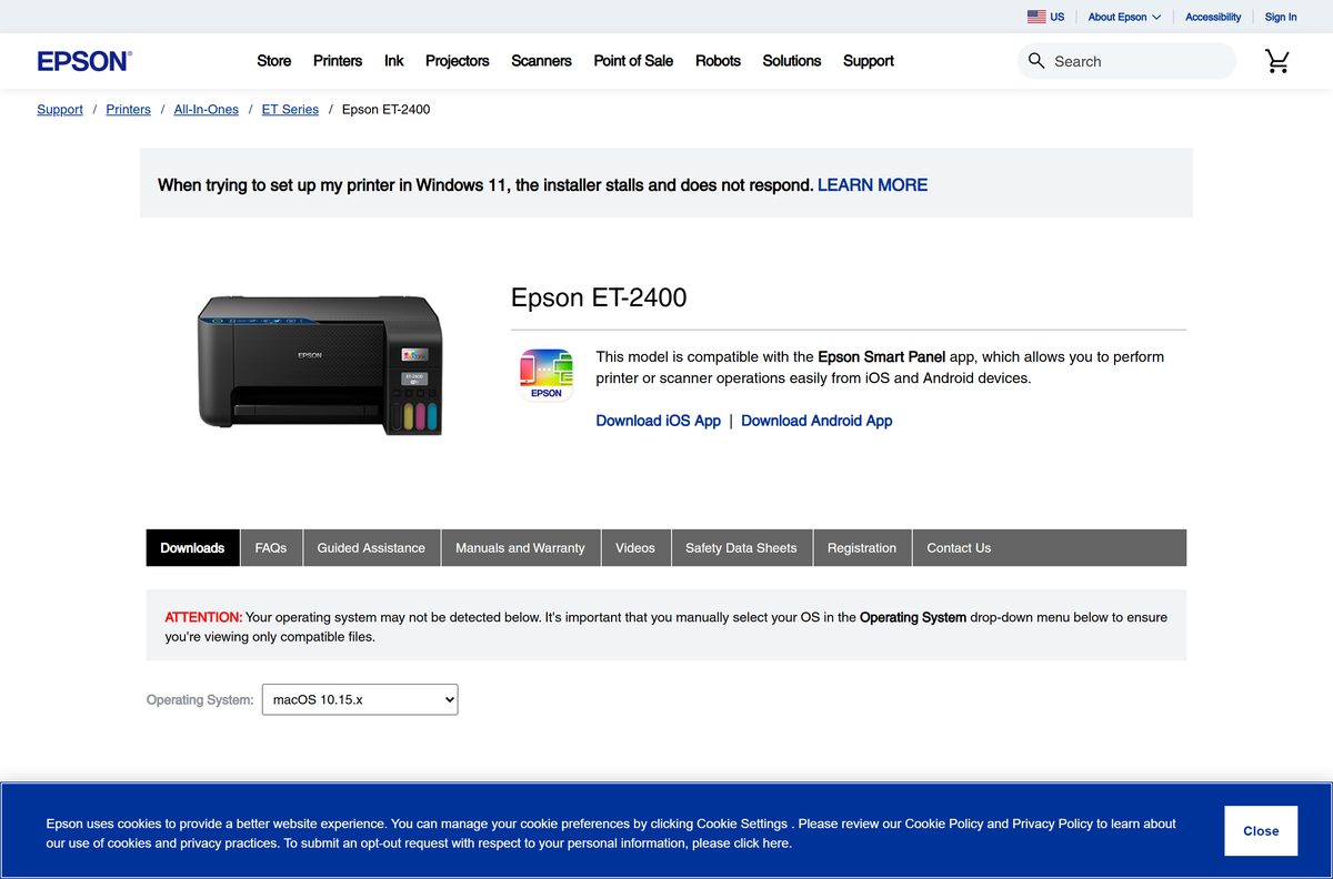 Epson support downloads for Mac listing ScanSmart