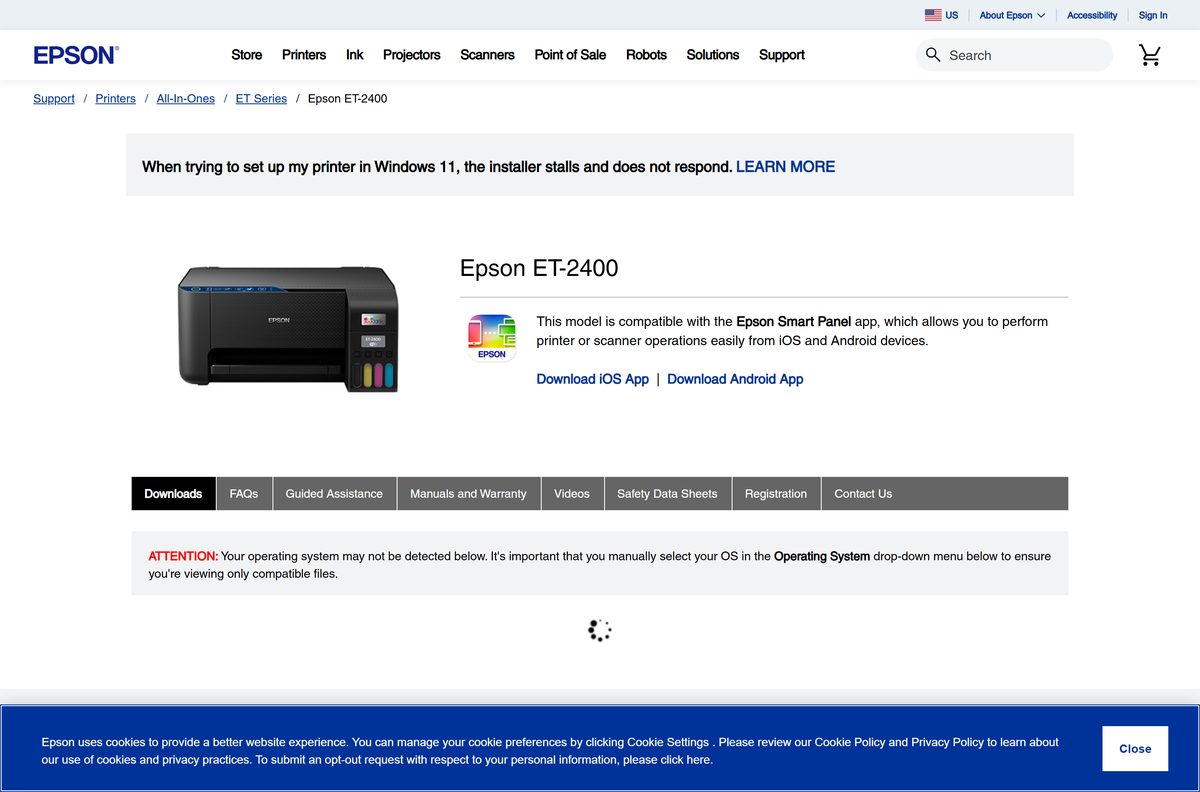 Epson support downloads for Windows listing ScanSmart