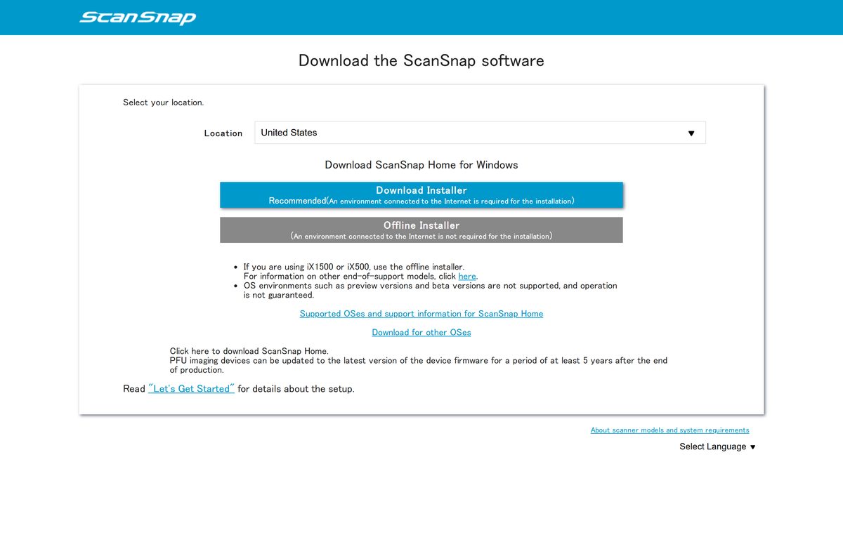 Official ScanSnap Home download page with online and offline installer buttons