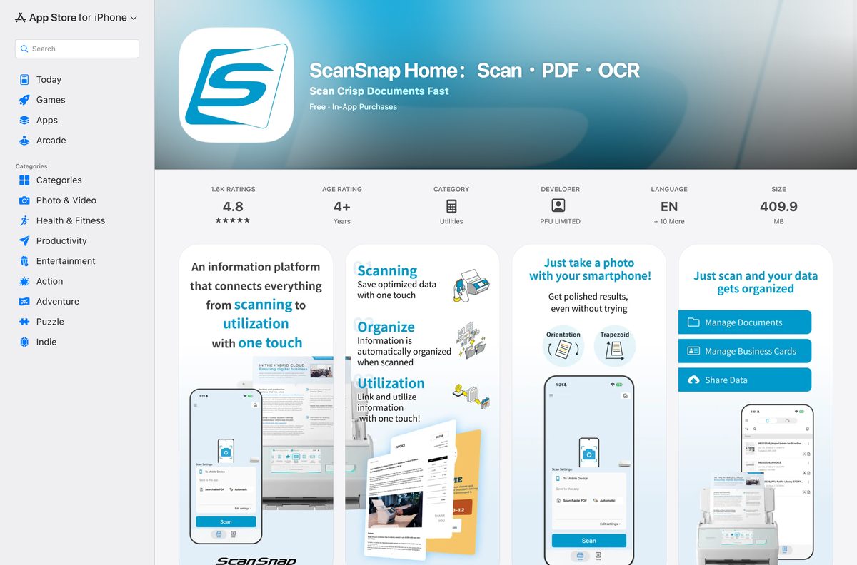 App Store listing for ScanSnap Home with its rating and publisher