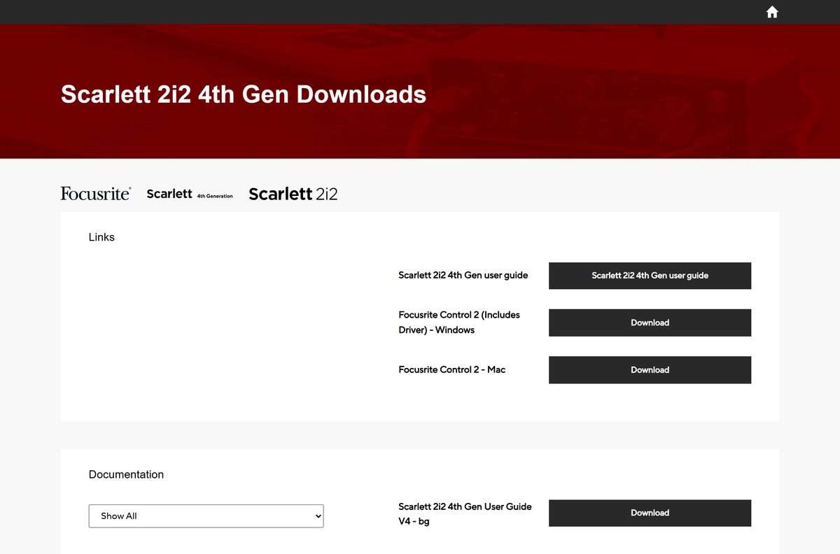 Scarlett 2i2 4th Gen page offering Focusrite Control 2 for Windows and Mac