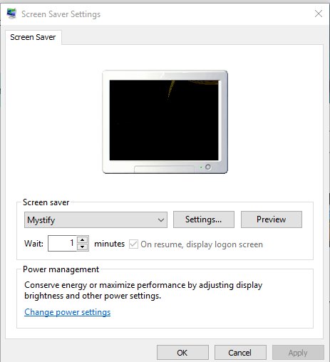 Screen Saver Settings dialog with Mystify selected and Wait set to 1