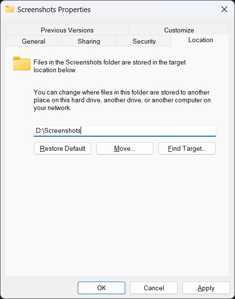 Screenshots Properties dialog with the Location tab open and a new drive path