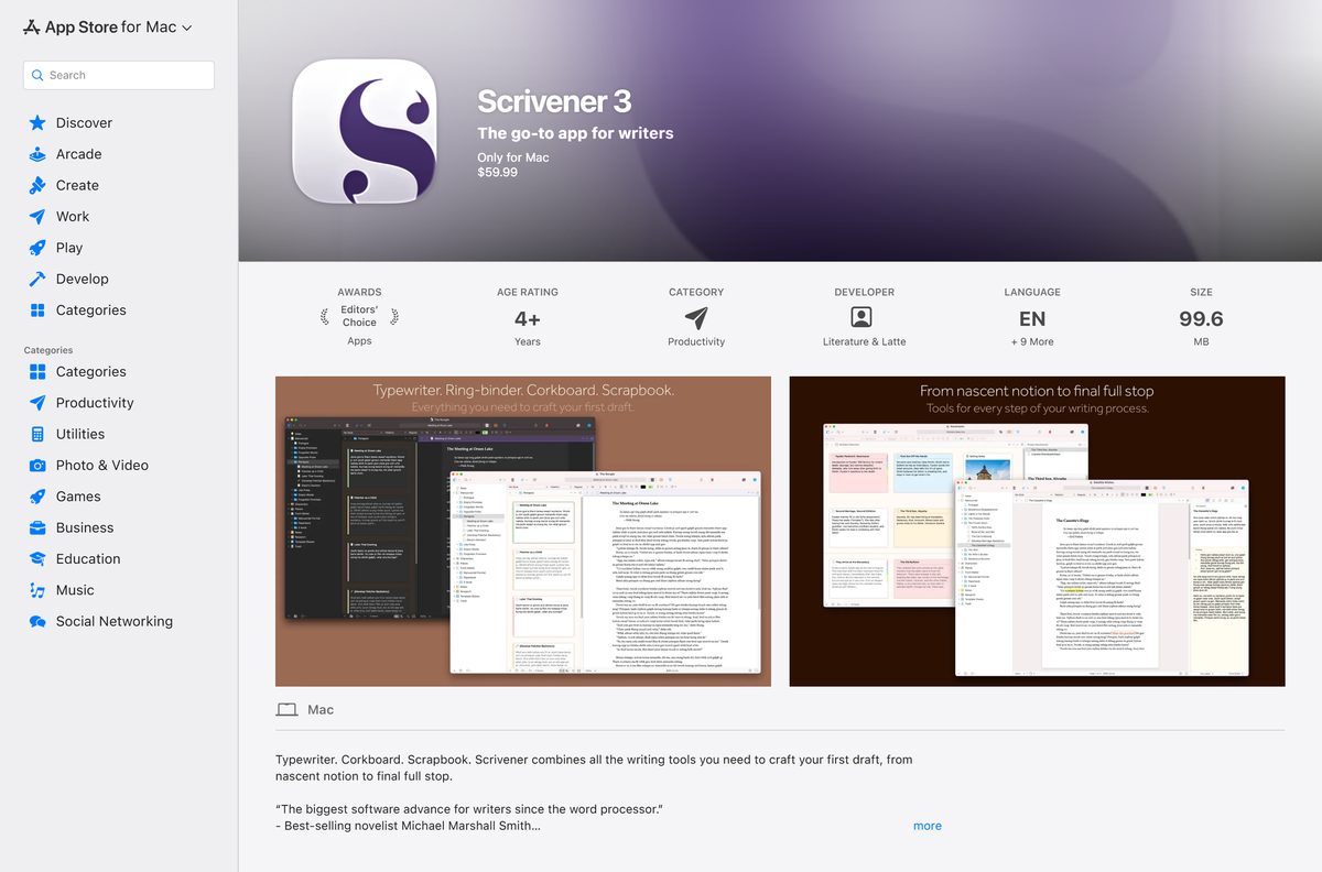 Mac App Store listing for Scrivener 3 with price and rating