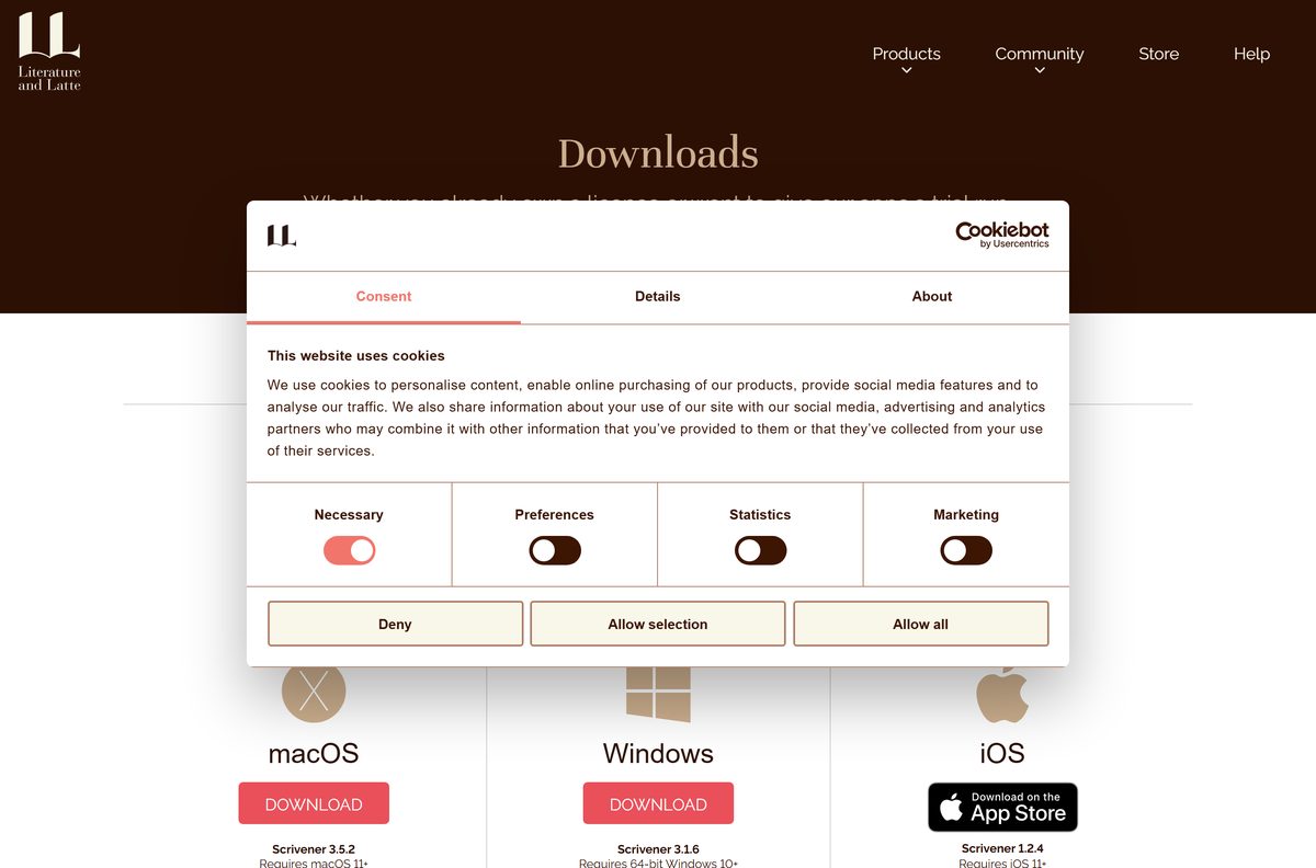 Scrivener download page with macOS, Windows and iOS versions