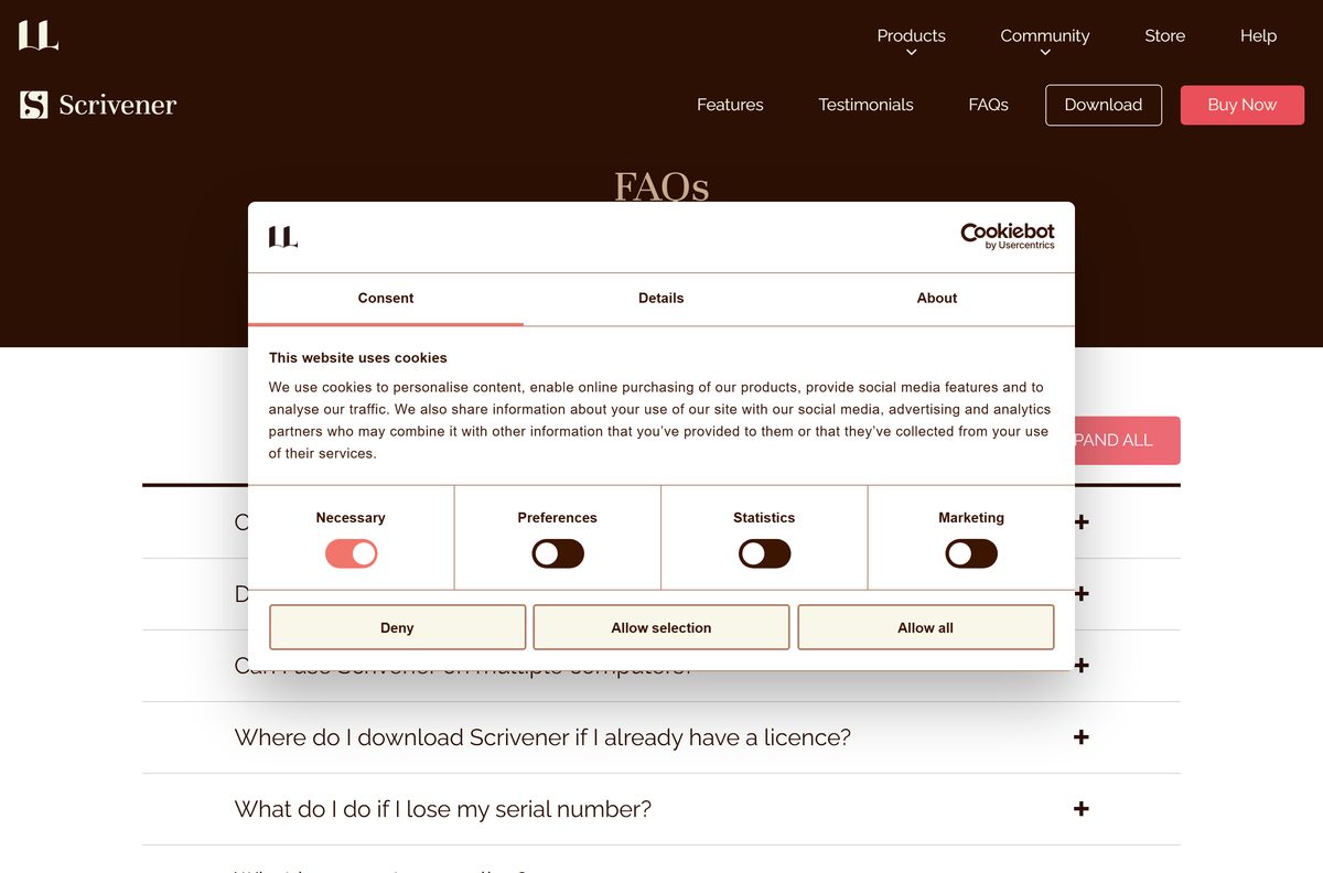 Scrivener FAQ page answering trial and licence questions