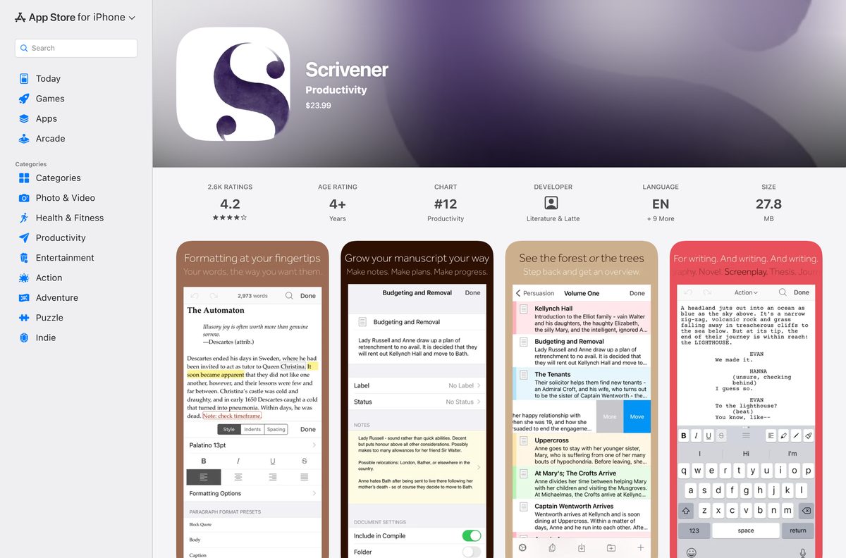 App Store listing for Scrivener on iPhone and iPad