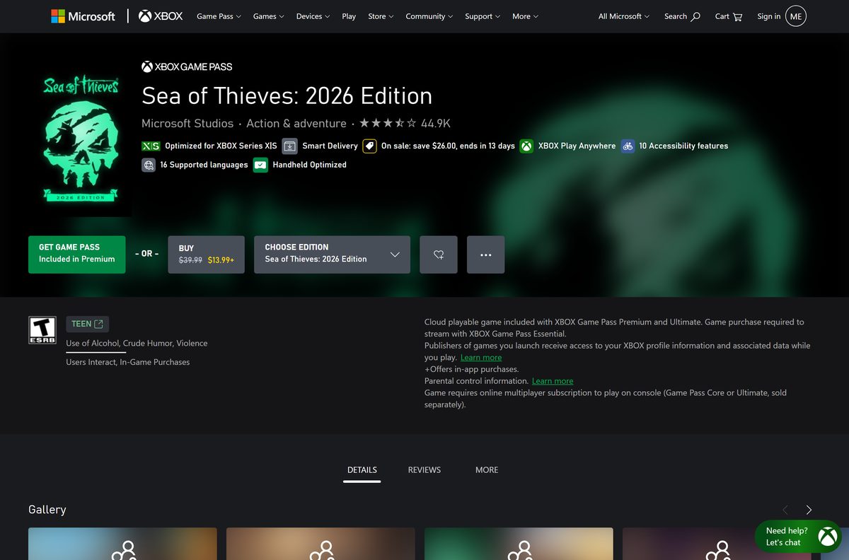 Xbox store listing for Sea of Thieves with Buy and Game Pass buttons