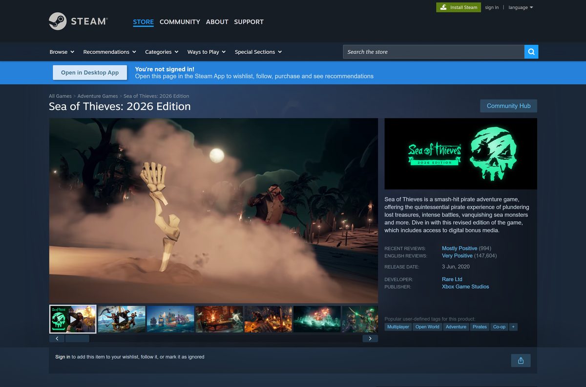 Steam store page for Sea of Thieves with its editions and Add to Cart