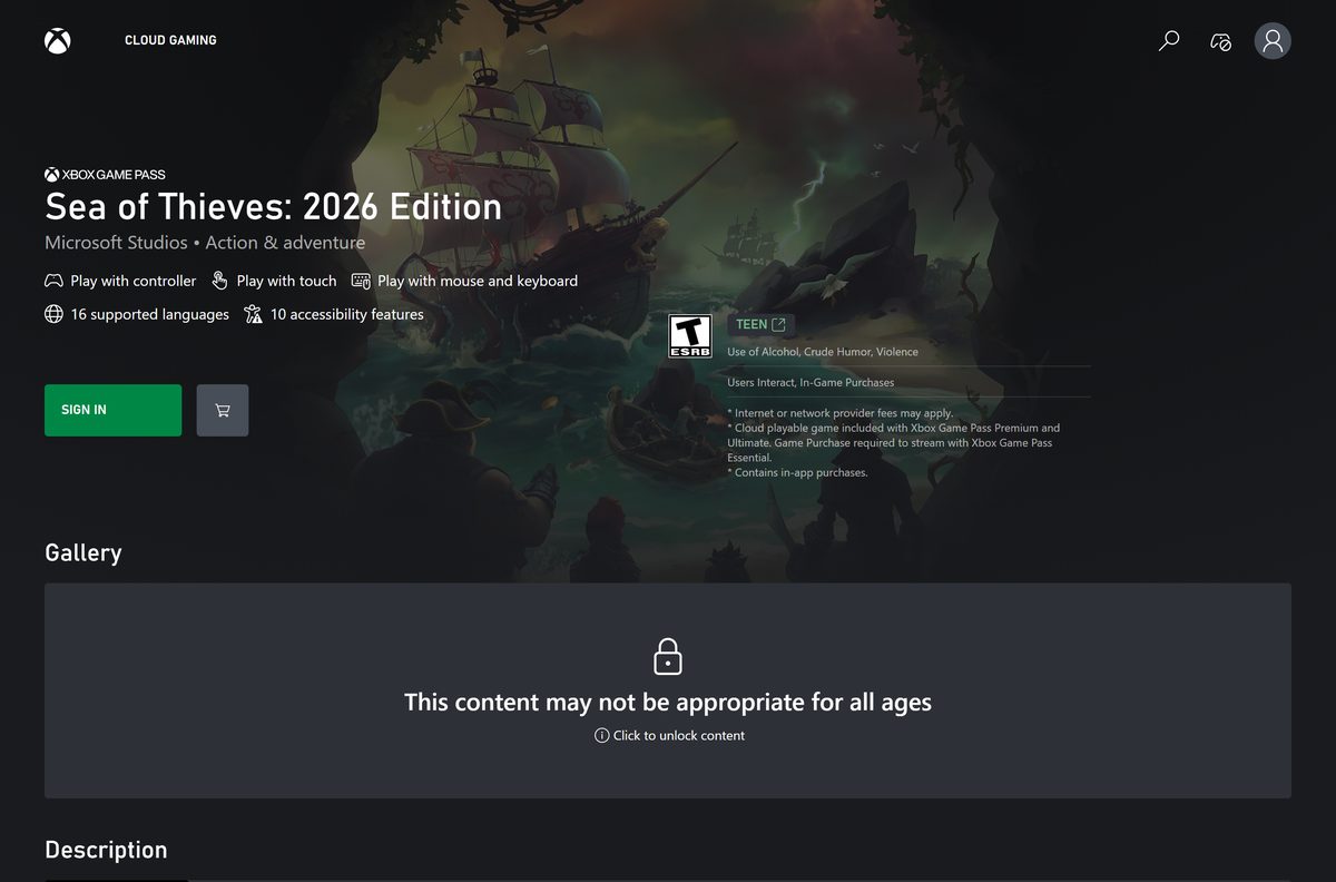 Xbox Cloud Gaming page for streaming Sea of Thieves in a browser