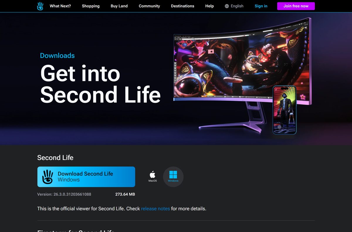 Official downloads page for the Second Life Viewer on secondlife.com