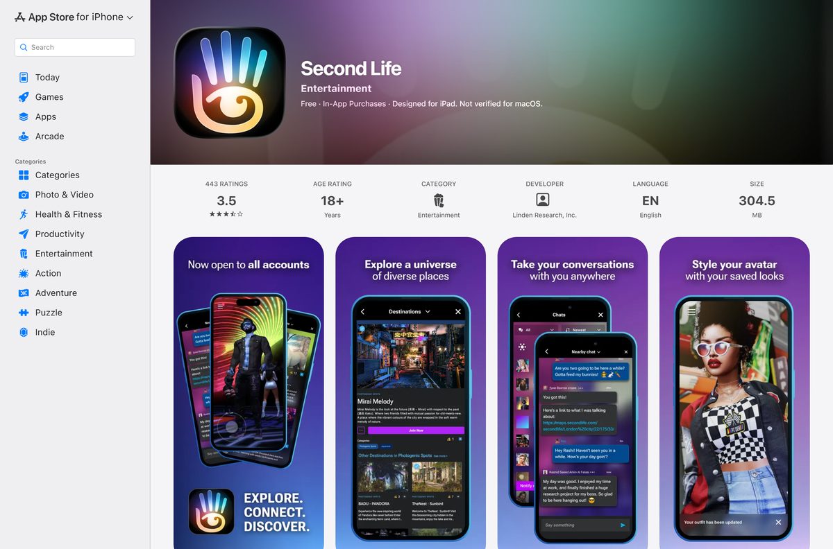 App Store listing for Second Life with its rating and size