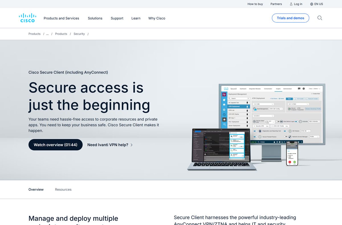 Cisco product page for Secure Client including AnyConnect