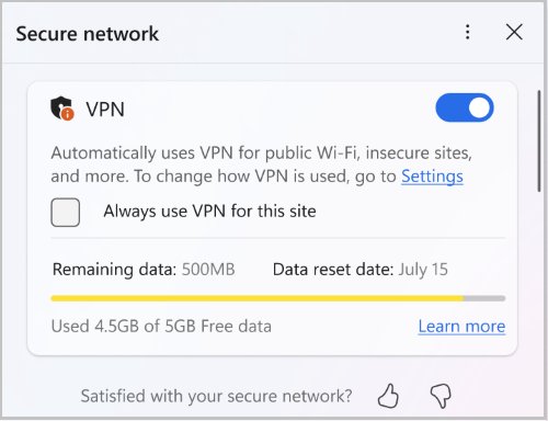 Secure network panel with VPN toggle and remaining data shown