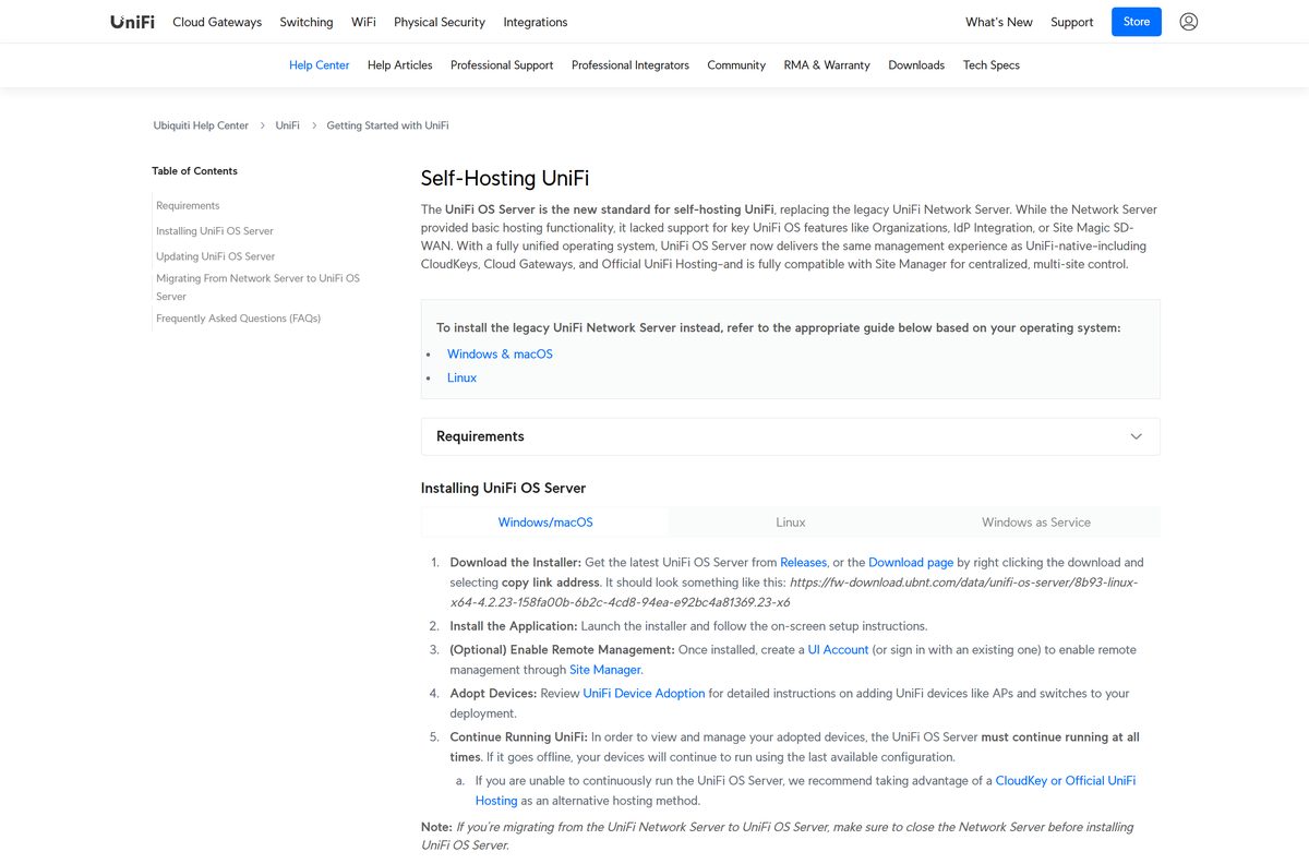 Ubiquiti help page with self-hosting requirements and install instructions