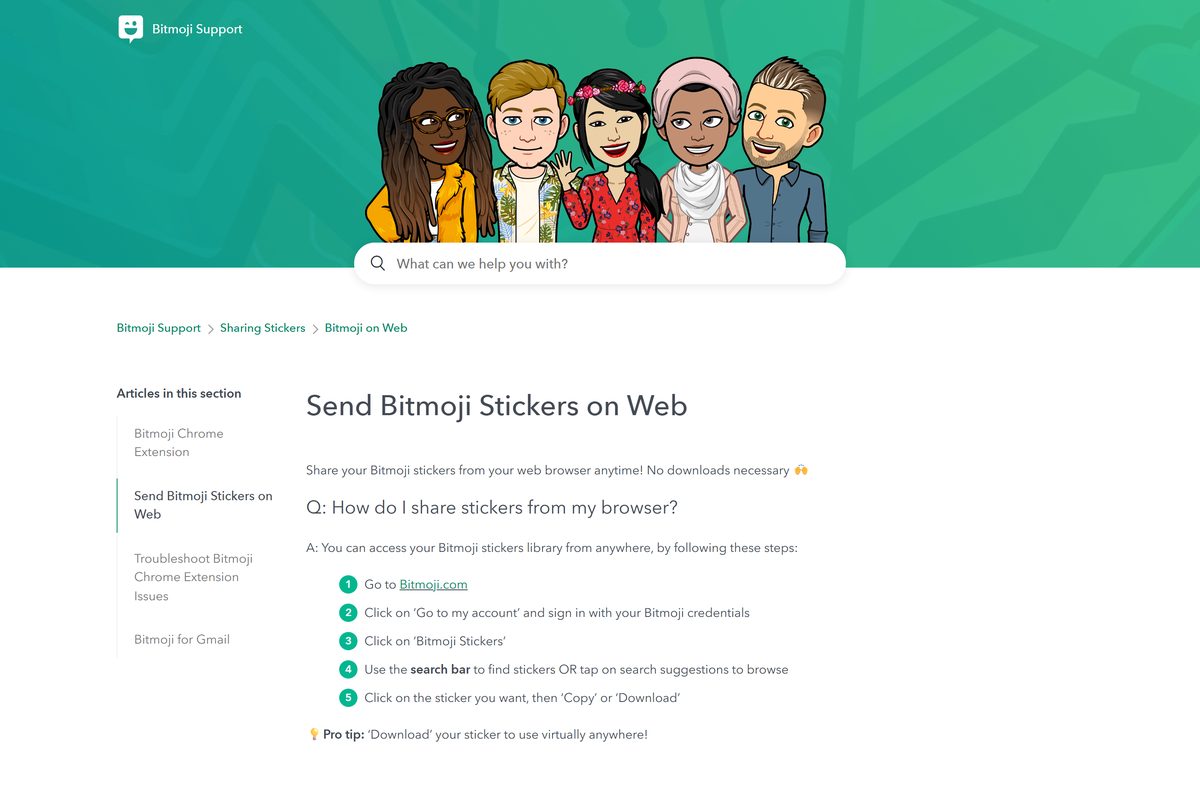 Support article explaining how to send Bitmoji stickers from a browser
