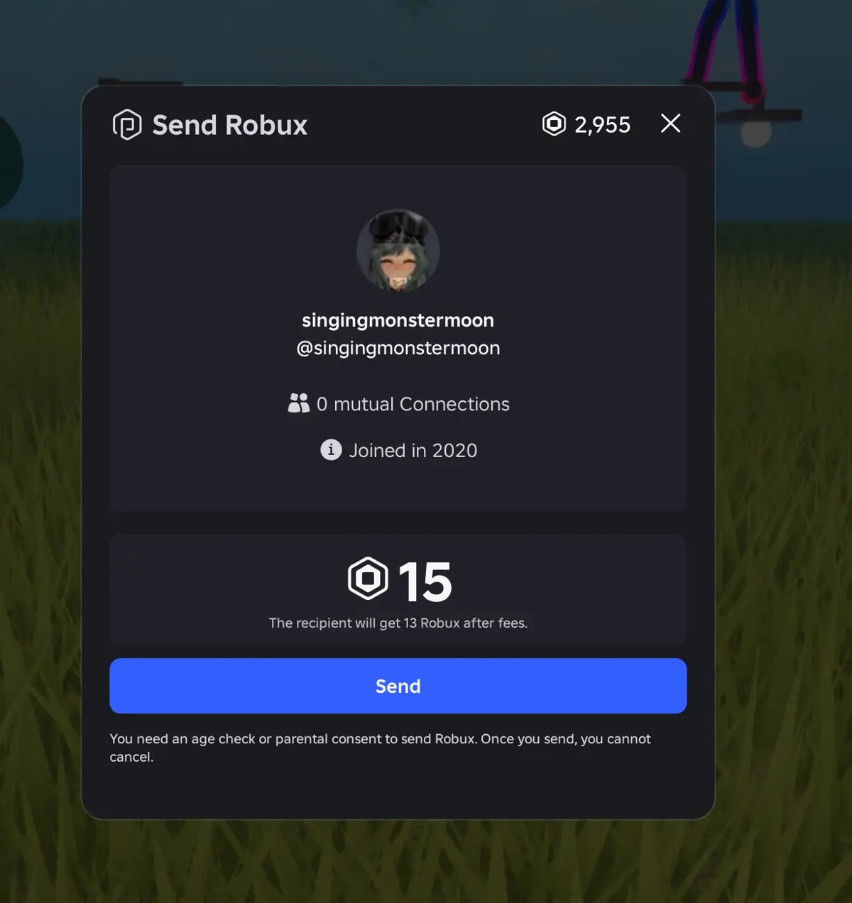Send Robux confirmation prompt showing recipient, amount and Send button