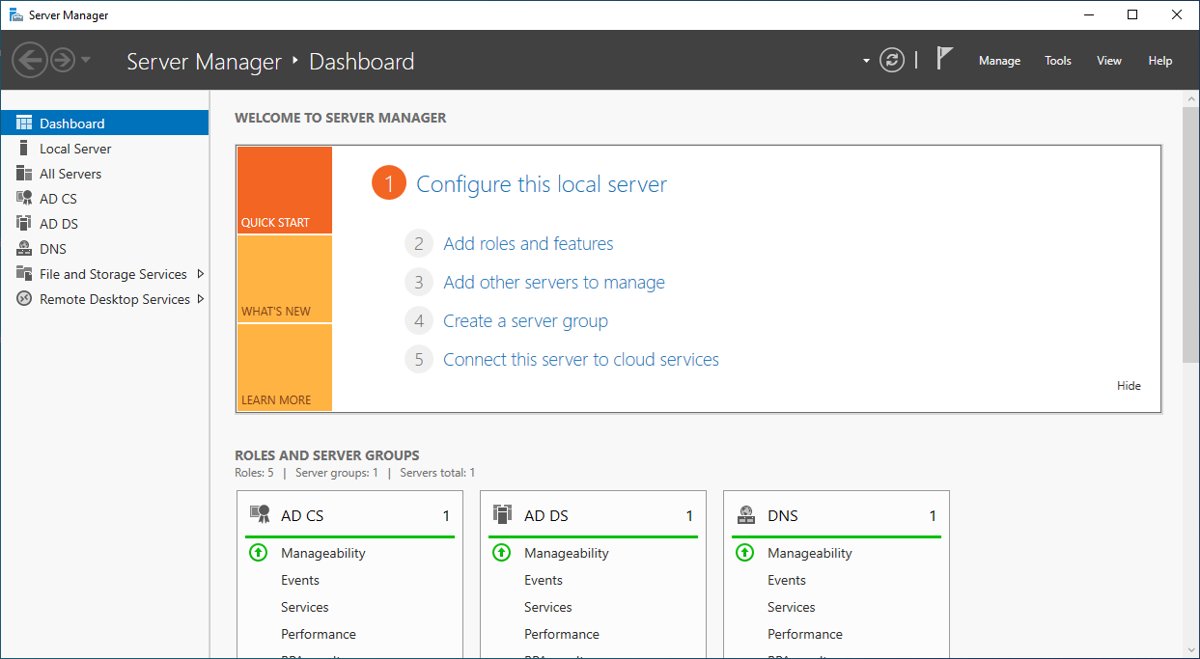 Server Manager Dashboard showing Quick Start options and server roles