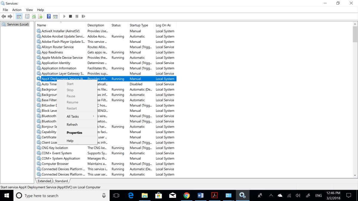 Services console with AppX Deployment Service selected and set to Manual