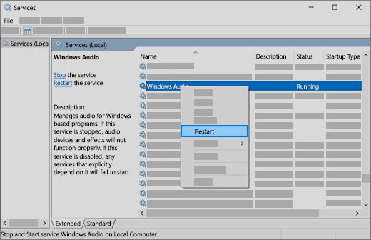 Services window restarting the Windows Audio service