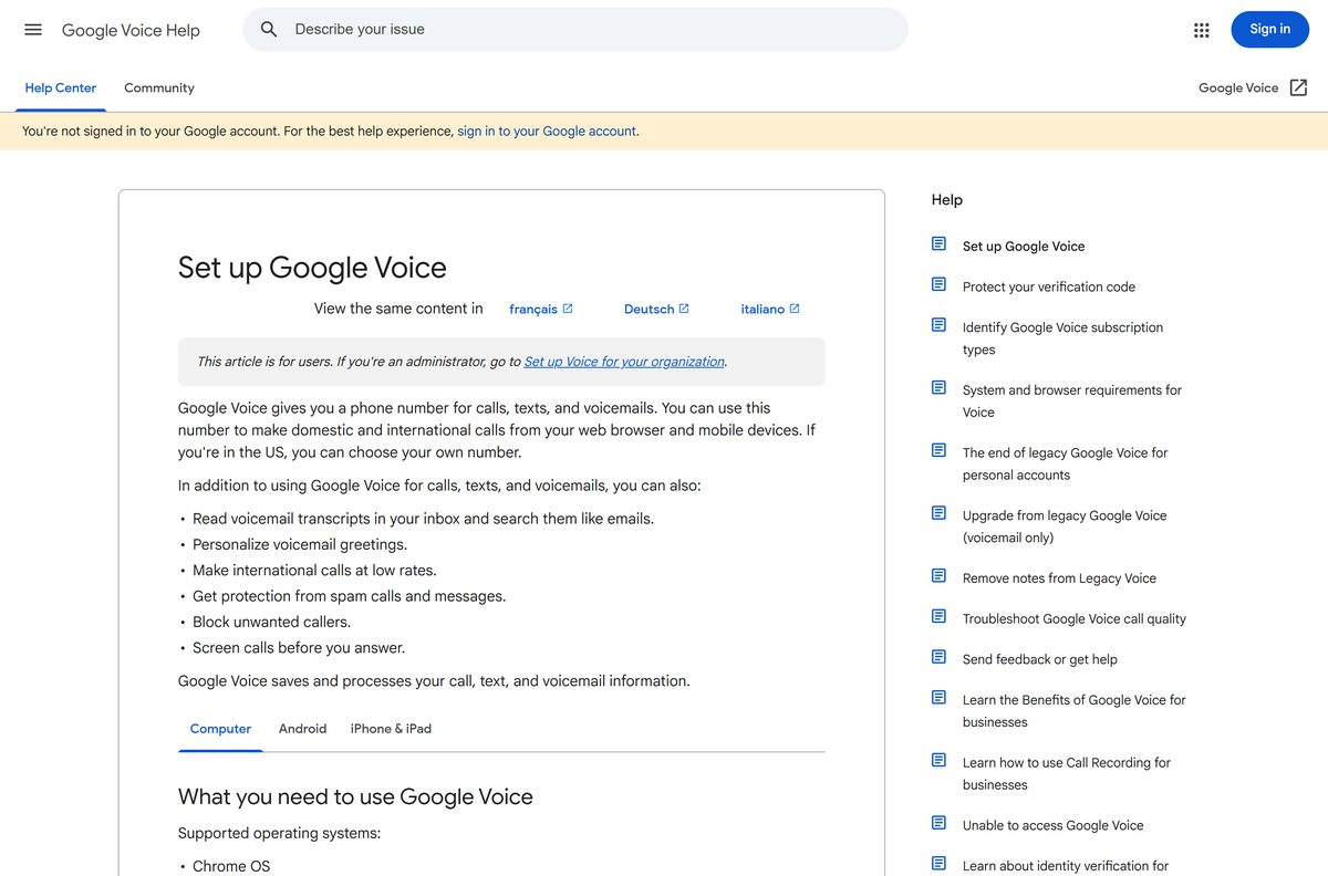 Google help page with steps to pick a Voice number on a computer