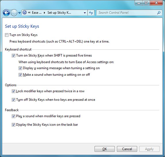 Set up Sticky Keys dialog listing shortcut, sound and taskbar icon options