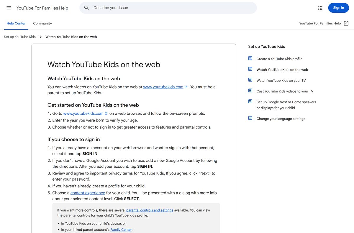 Google help page with the YouTube Kids web setup steps