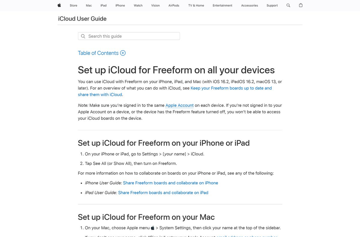 iCloud guide page explaining how to sync Freeform boards