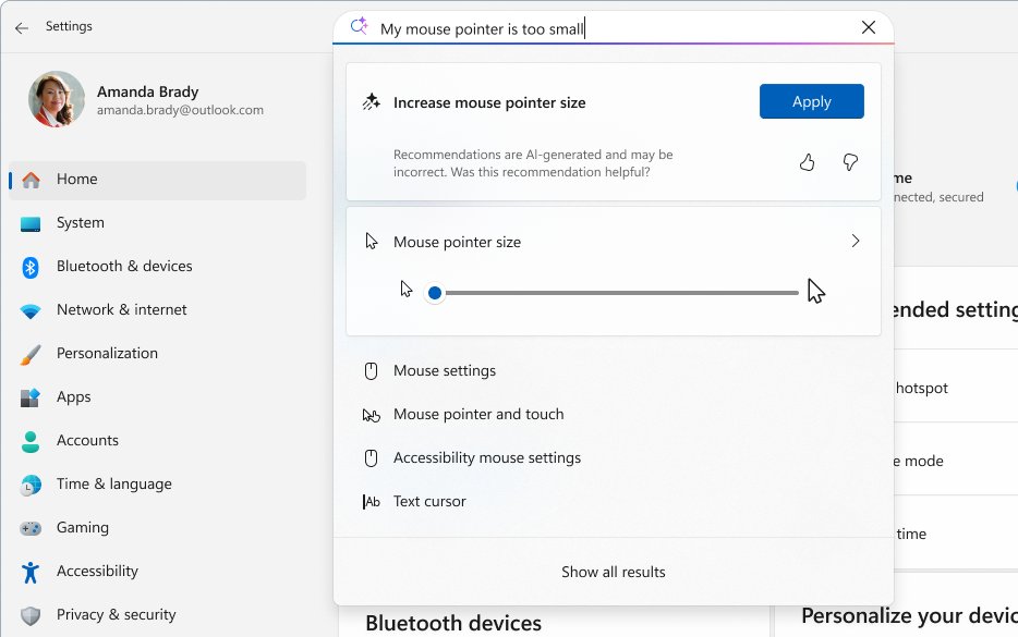 Settings search box with the query My mouse pointer is too small