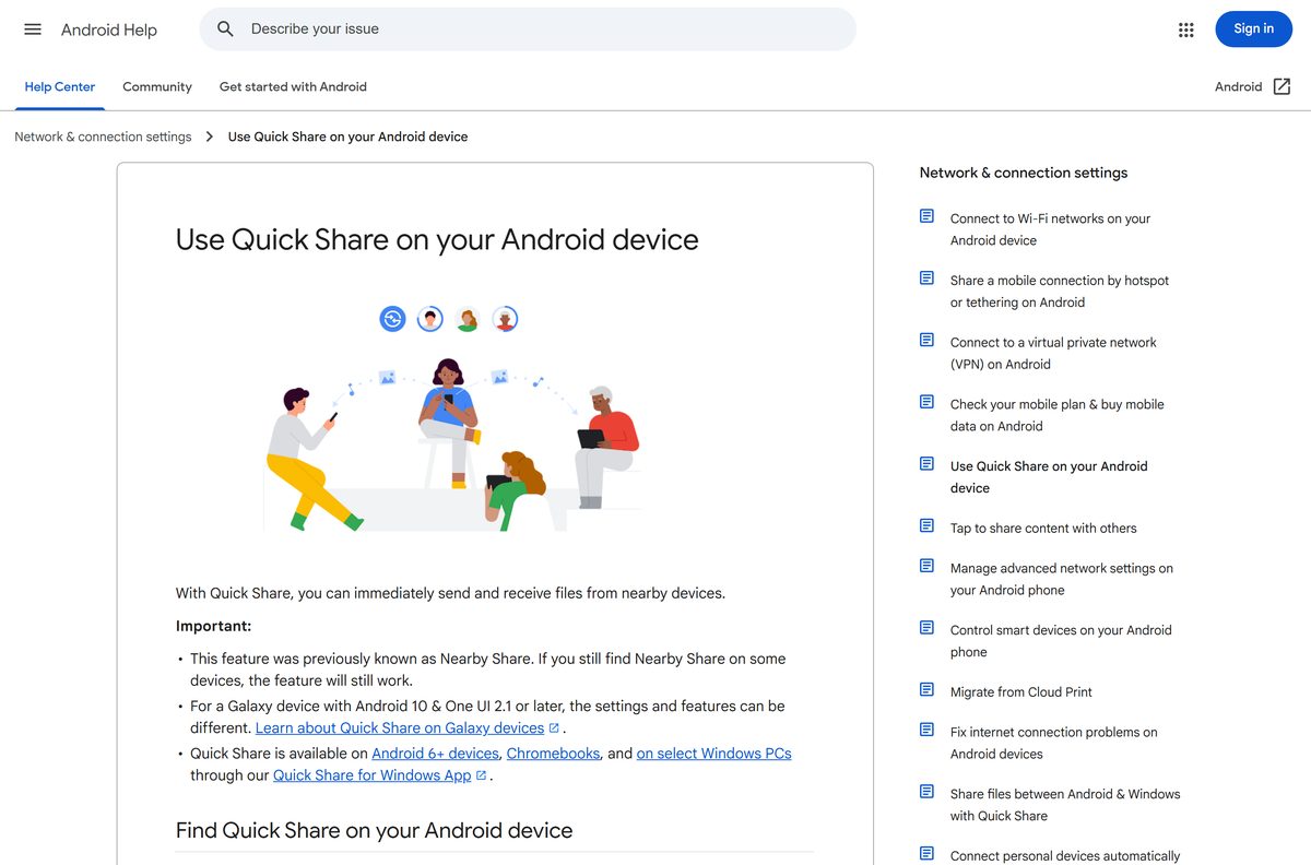 Android Help page describing AirDrop-compatible sharing with Apple devices