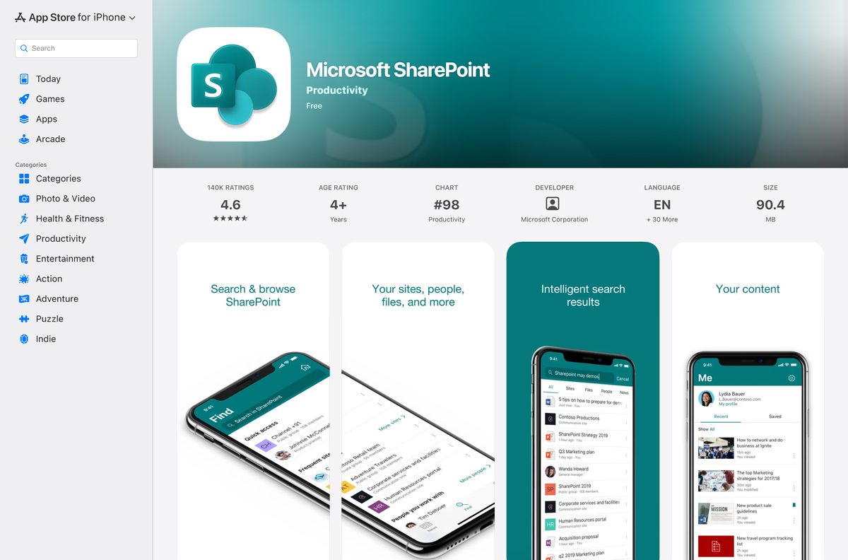 App Store listing for Microsoft SharePoint with its publisher and price