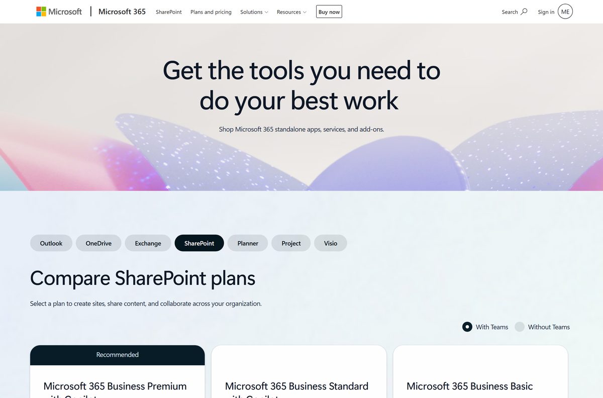 Microsoft plans page comparing three business plans that include SharePoint