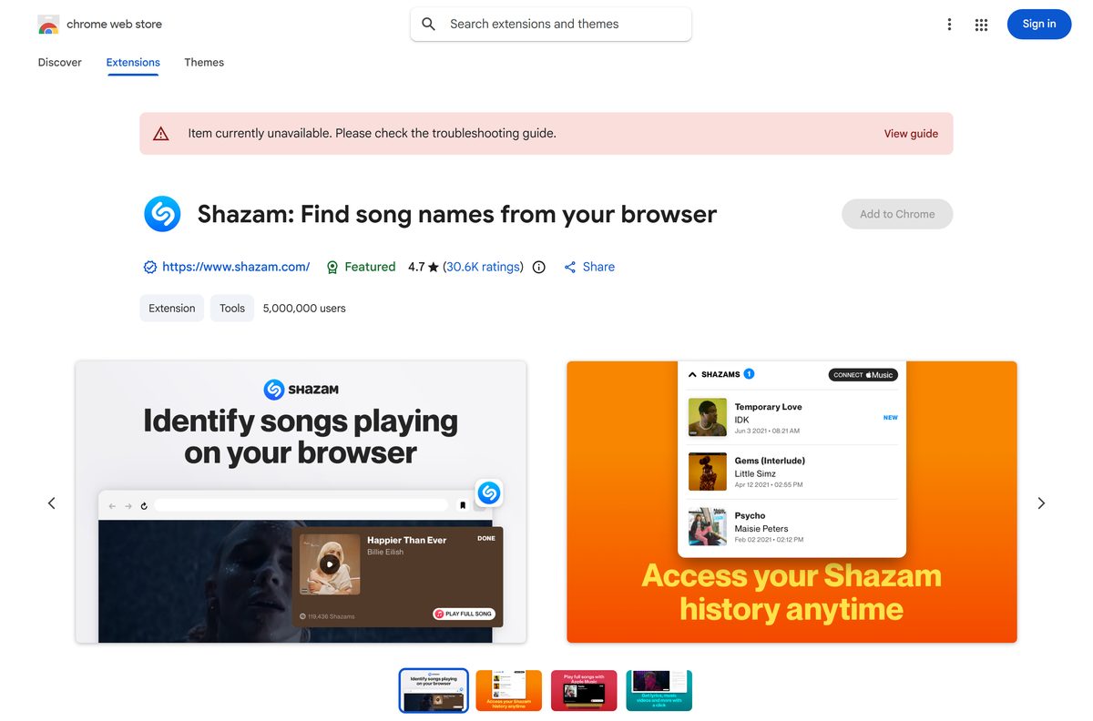 Chrome Web Store listing for Shazam with the Add to Chrome button