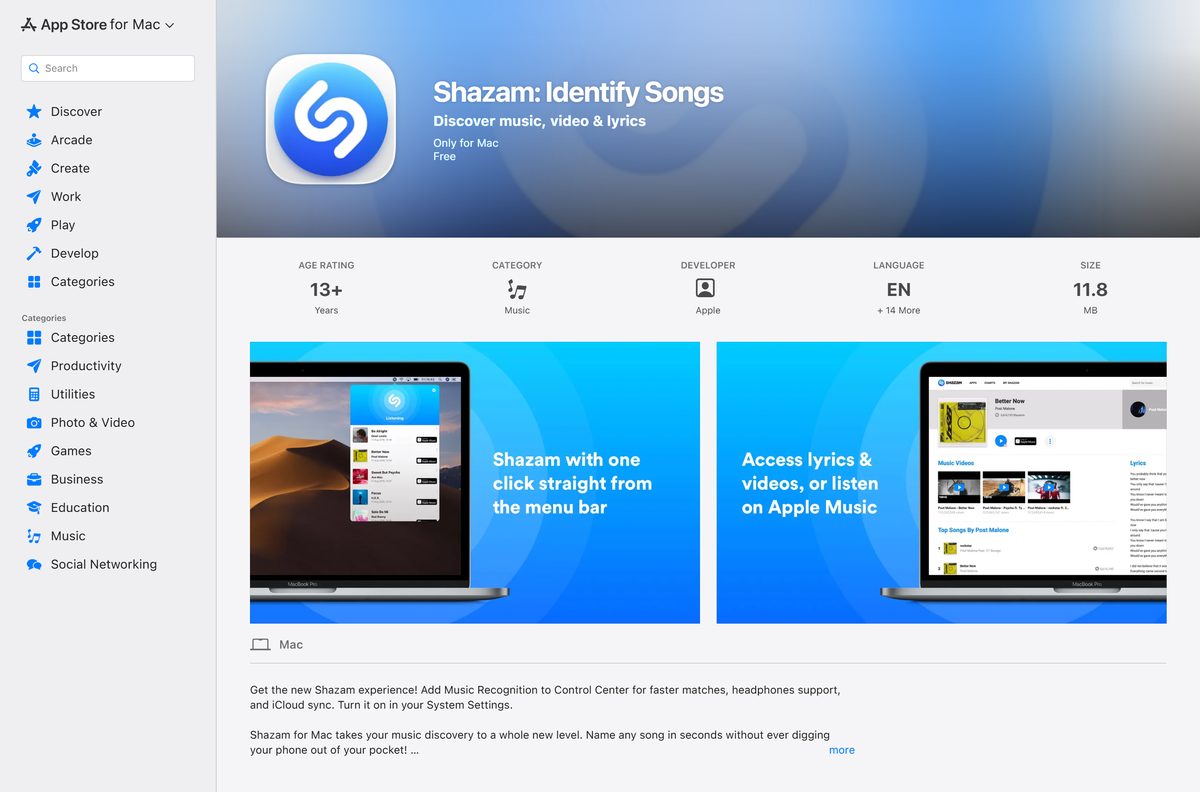 Mac App Store listing for Shazam showing size and compatibility