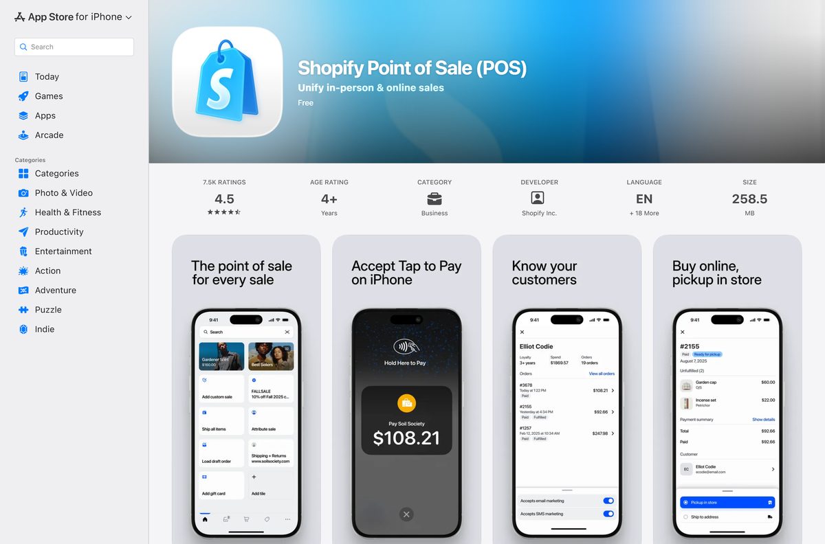 App Store listing for Shopify POS with its size and rating