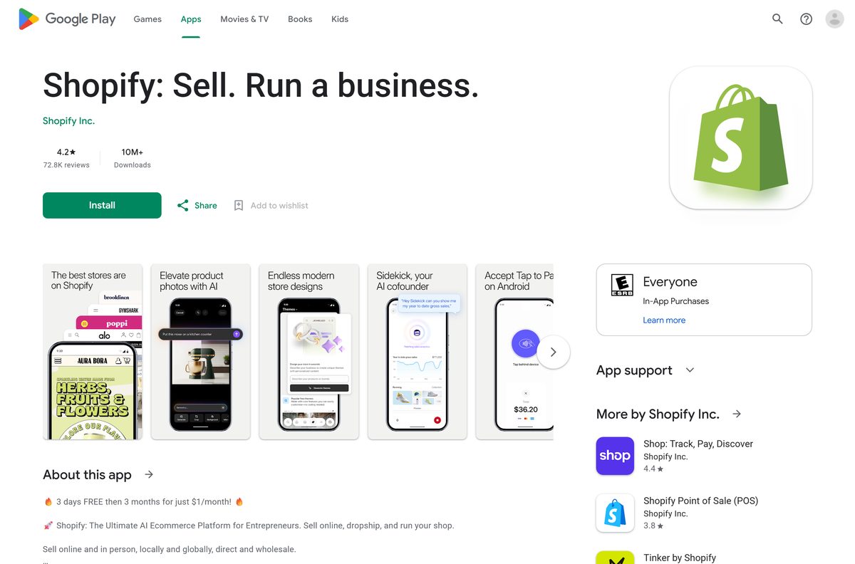 Google Play listing for Shopify with its download count
