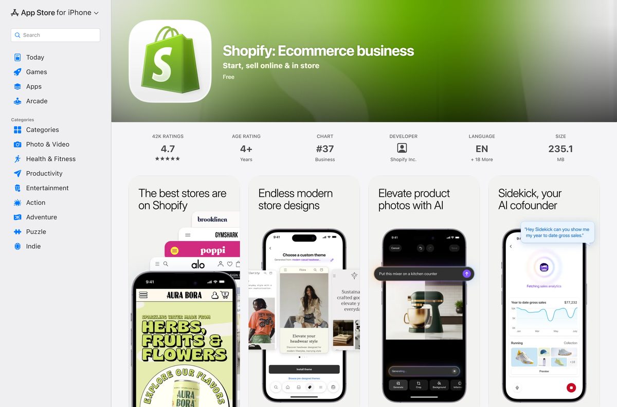 App Store listing for Shopify with its rating and developer