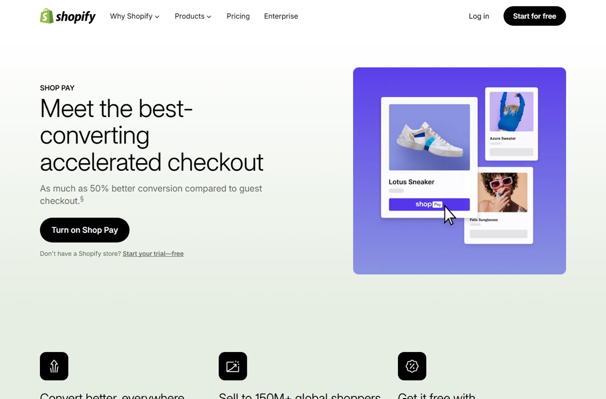 Shopify's Shop Pay landing page with an accelerated checkout button