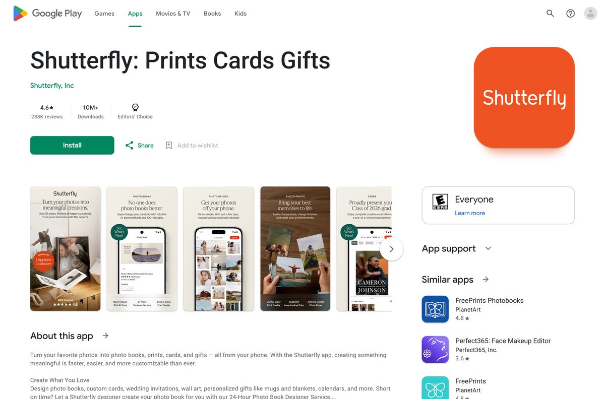 Google Play listing for Shutterfly with its rating and downloads