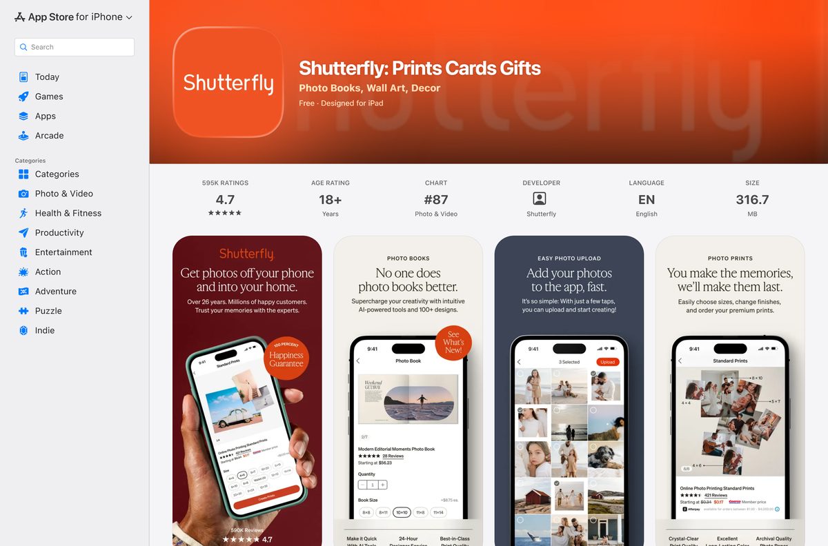 App Store listing for Shutterfly with its rating and seller