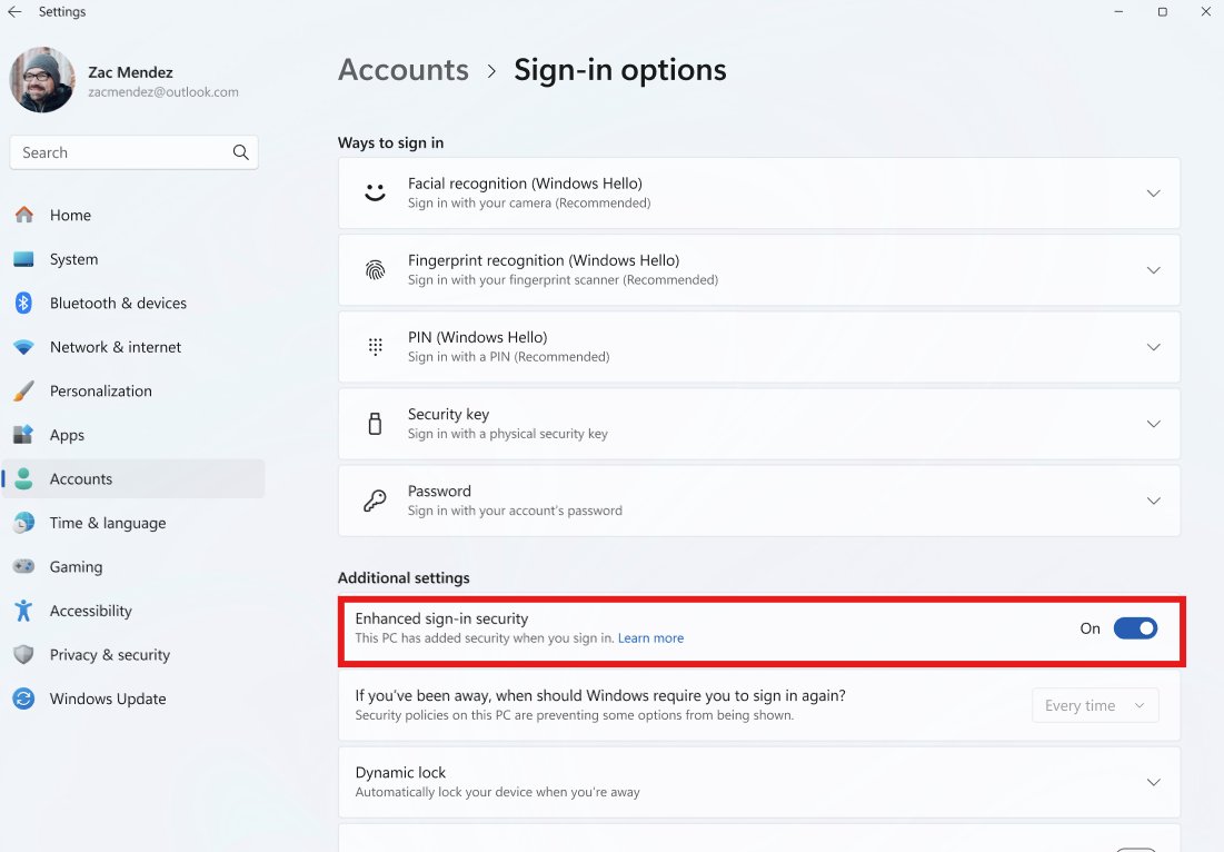 Sign-in options Additional settings with Enhanced sign-in security toggle switched on