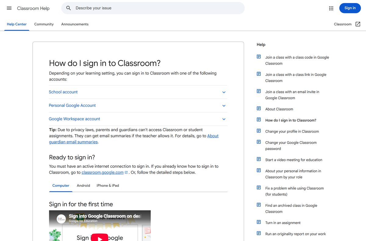 Google help page showing how to sign in to Classroom